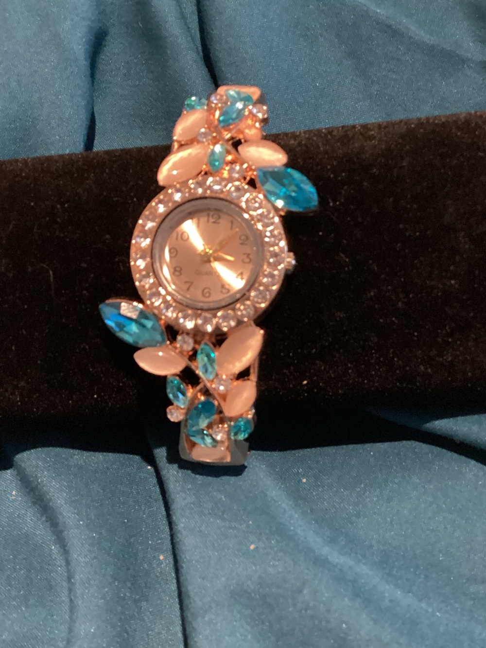 Gold-Tone Floral Bracelet Watch with Blue Crystal Accents